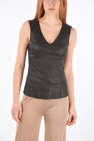 V Neck Sleeveless Leather Top