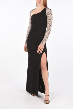 Asymmetric Neckline Maxi Dress with Mesh Sleeves