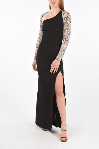 Asymmetric Neckline Maxi Dress with Mesh Sleeves