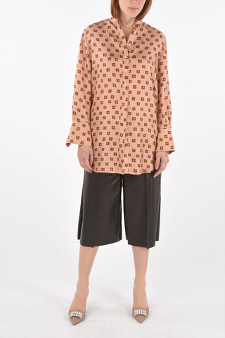 Camicia in Seta con Collo Coreano e Fantasia Geometrica