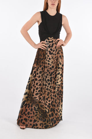 Animal Patterned Skirt Long Dress with Transparent Details