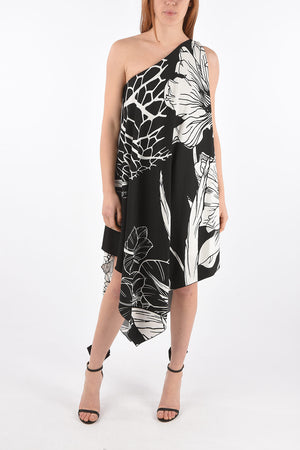 Floral Patterned One-shoulder Asymmetric Dress