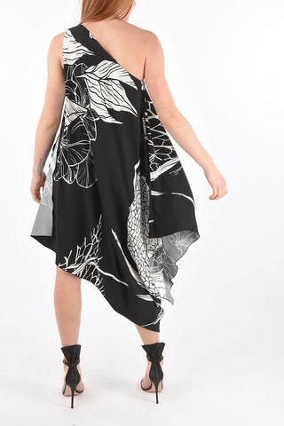 Floral Patterned One-shoulder Asymmetric Dress