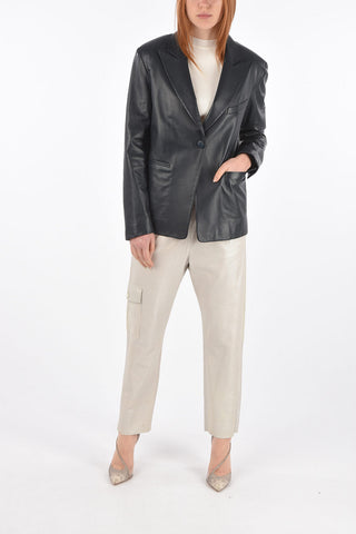 1 Button Peak Lapel Leather Blazer
