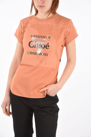 T-Shirt Girocollo con Stampa e Spacchi Laterali