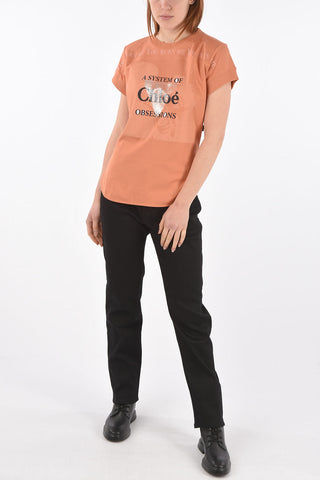 T-Shirt Girocollo con Stampa e Spacchi Laterali