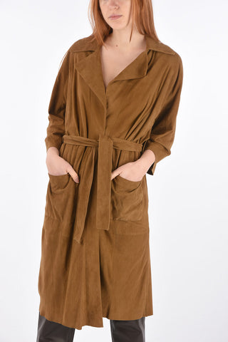 3/4-Sleeved Suede Overcoat with Belt