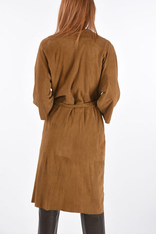 3/4-Sleeved Suede Overcoat with Belt