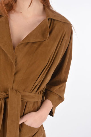 3/4-Sleeved Suede Overcoat with Belt
