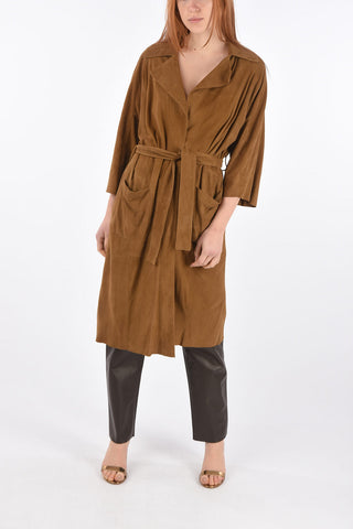 3/4-Sleeved Suede Overcoat with Belt
