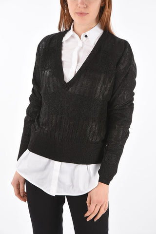V Neck Sweater with Alternate Knitted Bands