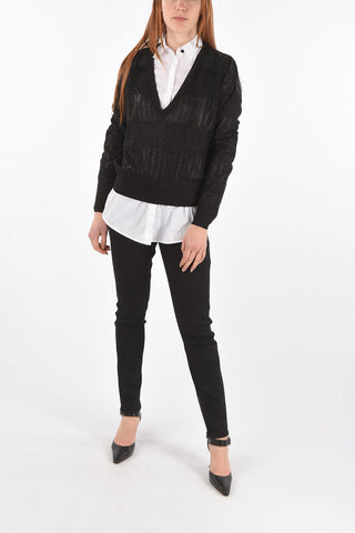 V Neck Sweater with Alternate Knitted Bands