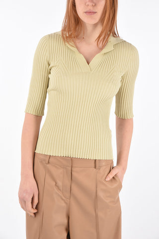 3/4-Sleeved Polo Neck Ribbed Sweater