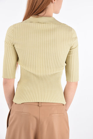 3/4-Sleeved Polo Neck Ribbed Sweater