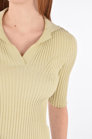3/4-Sleeved Polo Neck Ribbed Sweater