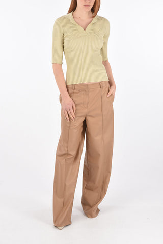3/4-Sleeved Polo Neck Ribbed Sweater