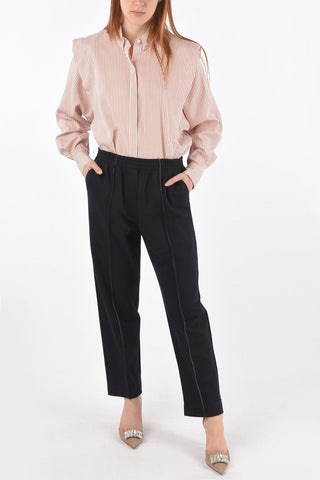 Single Pleat Wool Pants with Elastic Waist Band