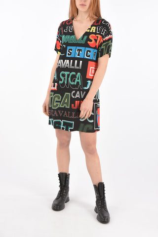 Short-sleeved V Neck All-Over Logo Printed Dress