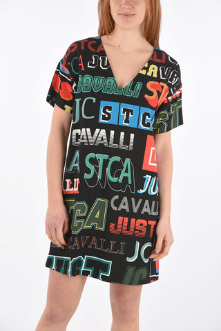 Short-sleeved V Neck All-Over Logo Printed Dress