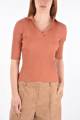 3/4-Sleeved Polo Neck Ribbed Sweater