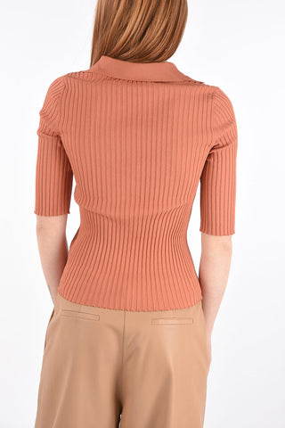 3/4-Sleeved Polo Neck Ribbed Sweater