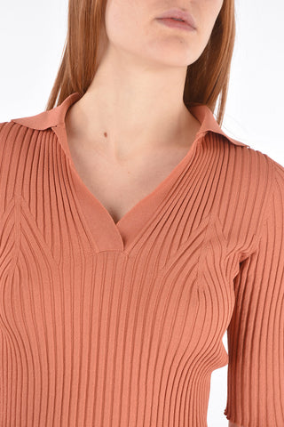 3/4-Sleeved Polo Neck Ribbed Sweater
