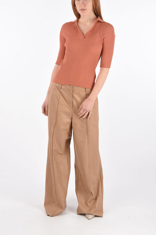 3/4-Sleeved Polo Neck Ribbed Sweater