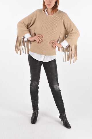 Crew Neck Cashmere and Wool Sweater with Fringed Sleeves