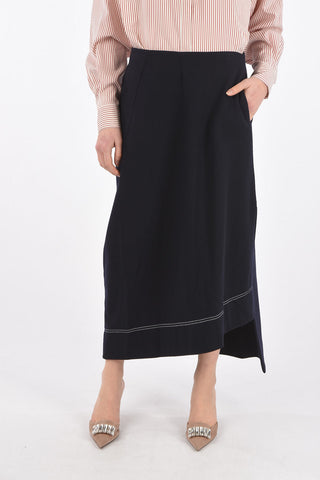 Side Split Midi Wool Skirt with Contrasting Stitching