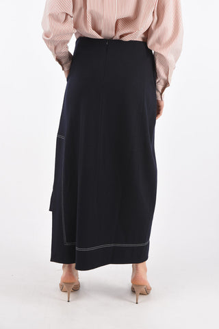 Side Split Midi Wool Skirt with Contrasting Stitching