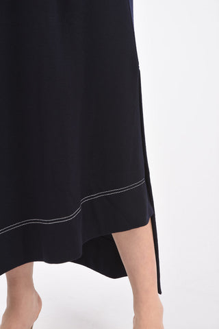 Side Split Midi Wool Skirt with Contrasting Stitching