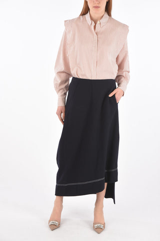 Side Split Midi Wool Skirt with Contrasting Stitching