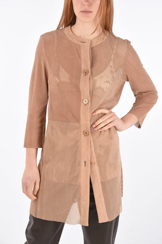 3/4-Sleeved Perforated Suede Overcoat