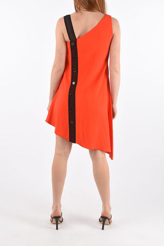 Ornamental Buttons Asymmetric Dress with Mesh Details