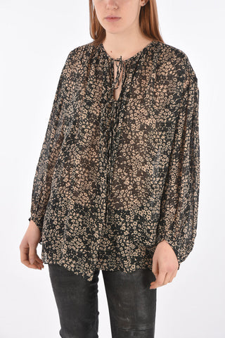 Blusa con Fantasia Floreale e Chiusura Frontale con Nastrini