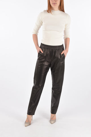 Soft Leather Pants with Waist Drawstring