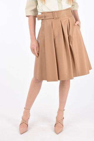 Pleated Leather Midi Skirt with Belt