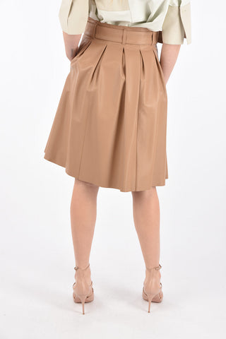 Pleated Leather Midi Skirt with Belt