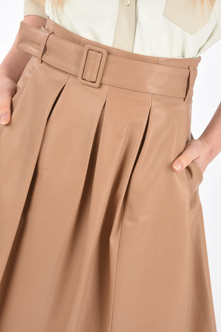 Pleated Leather Midi Skirt with Belt