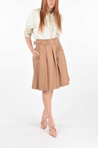 Pleated Leather Midi Skirt with Belt
