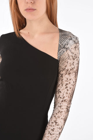 Asymmetric Neckline Sheath Dress with Mesh Sleeves