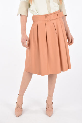 Pleated Leather Midi Skirt with Belt