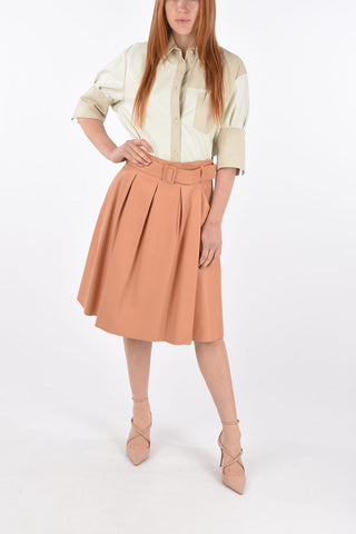 Pleated Leather Midi Skirt with Belt