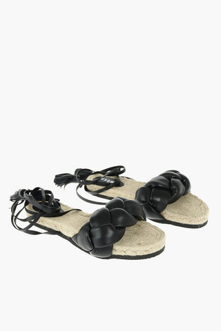 Braided Leather Flat Sandals with Tassels