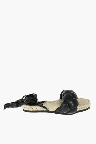 Braided Leather Flat Sandals with Tassels