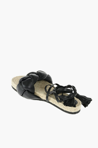 Braided Leather Flat Sandals with Tassels
