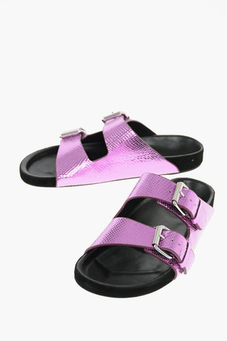 Snake Printed Leather Slippers with Double Buckle