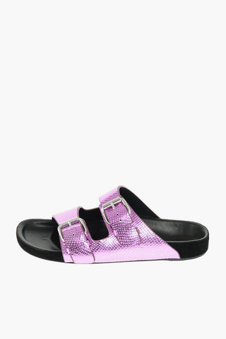 Snake Printed Leather Slippers with Double Buckle