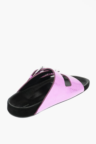 Snake Printed Leather Slippers with Double Buckle