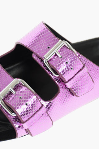 Snake Printed Leather Slippers with Double Buckle